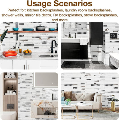 Peel and Stick Backsplash Tile Waterproof Removable PVC Wall Sticker 3D Faux Stone Marble Brick White Accent Panels (White Marble - Metal Silver, 20 Tiles - 9 sq. ft. (0.84 M²))