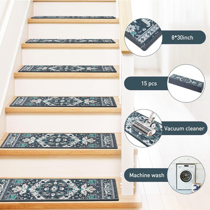 Stair Treads for Wooden Steps Indoor, 15 Pack 8" X 30" Non Slip Carpet Stair Treads with Reusable Adhesive for Kids Elders and Dogs, TPR Backing Stair Rugs Oriental Staircase Step Treads,Bohemia