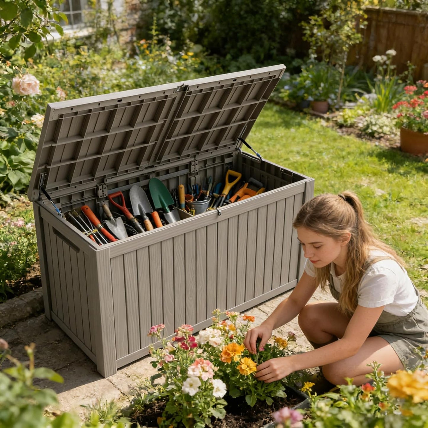 320 Gallon Outdoor Storage Box Resin Deck Box All Weather Waterproof Large Lockable Storage Container Deck Box for Patio Furniture, Garden Tools, Lockable, Black