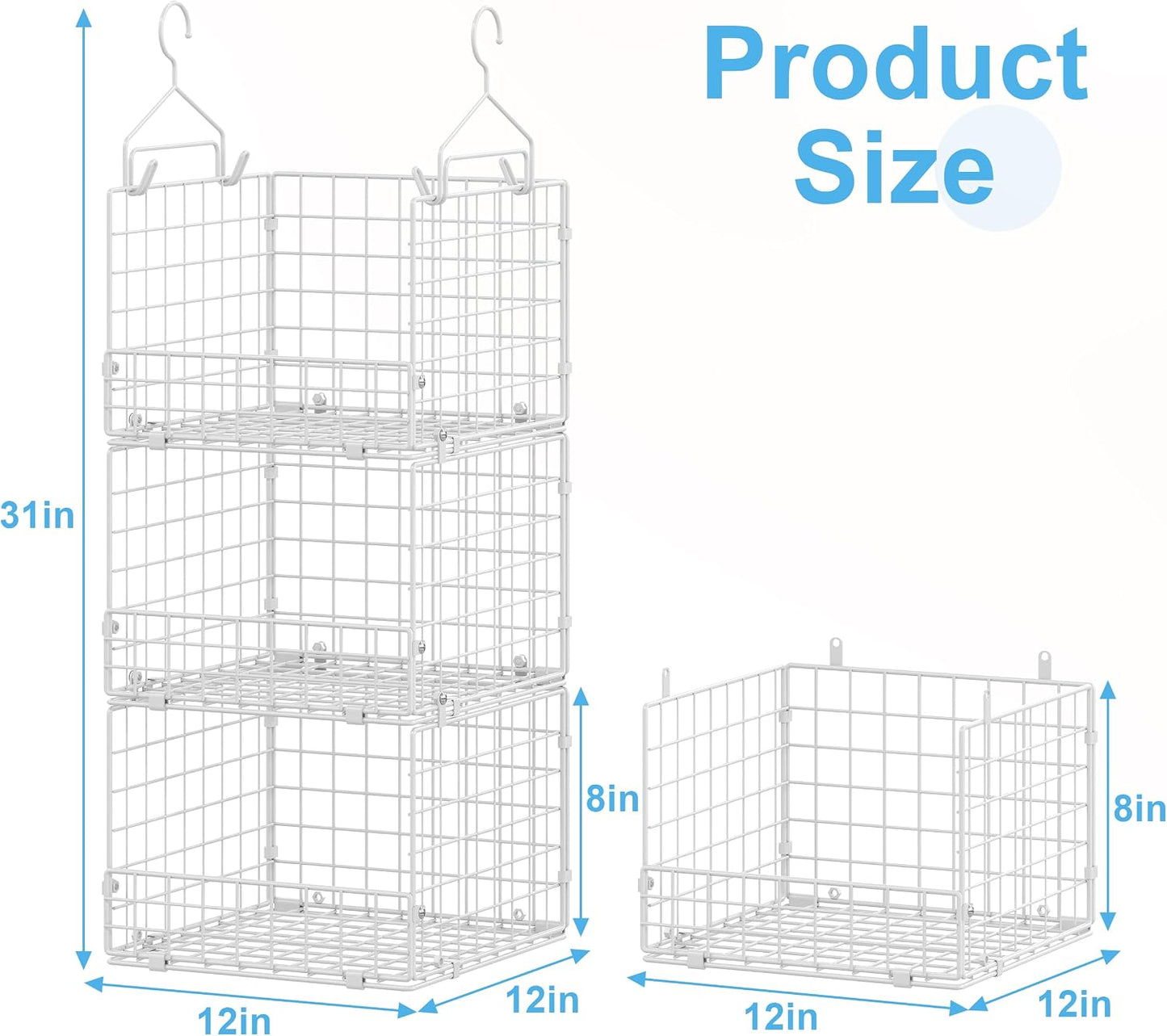 Sonyabecca 3-Tier Hanging Closet Organizers and Storage, Foldable Stackable Wire Basket Bins with 5 S Hooks, Space-Saving Hanging Closet Shelf for Clothing, Sweaters, Handbags, Hats,Purse