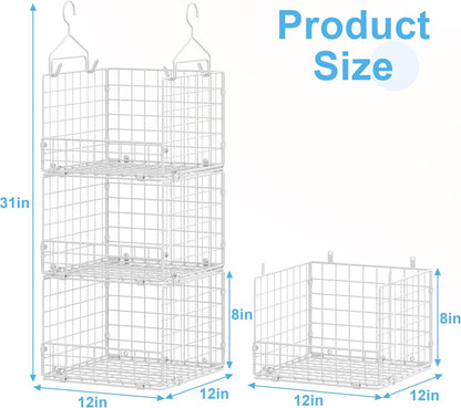 Sonyabecca 3-Tier Hanging Closet Organizers and Storage, Foldable Stackable Wire Basket Bins with 5 S Hooks, Space-Saving Hanging Closet Shelf for Clothing, Sweaters, Handbags, Hats,Purse