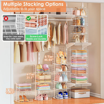 Yuyetuyo 5 Tier Closet Hanging Organizer and Storage Separable Hanging Closet Shelves with 4 Hooks 2 Adjustable Dividers, Wire Storage Basket Bins for Clothing Sweaters Socks Dolls Handbags, Foldable