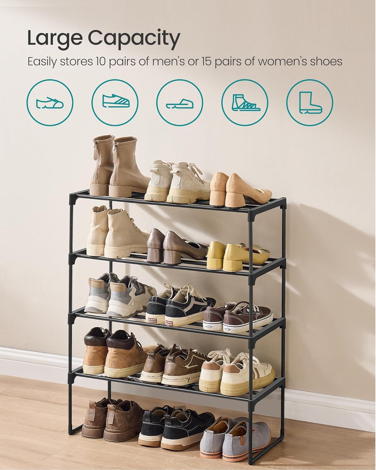SONGMICS Shoe Rack, 6-Tier Shoe Organizer, Metal Storage Shelf, Upright or Upside Down, for 24-30 Pairs, Stackable, for Entryway, 11.8 x 36.2 x 42.7 Inches, Black ULSA306BH01