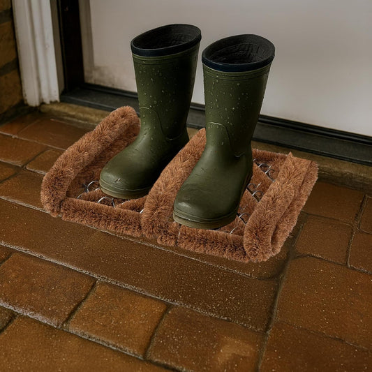 Kings County Tools Natural Coir Doormat - 13” x 12.5” Boot Brush Scraper Outdoor or Indoor Shoe Cleaner Brush Door Mat - 2.5” Thick Outdoor Boot Scraper with Stainless-Steel Wire Frame