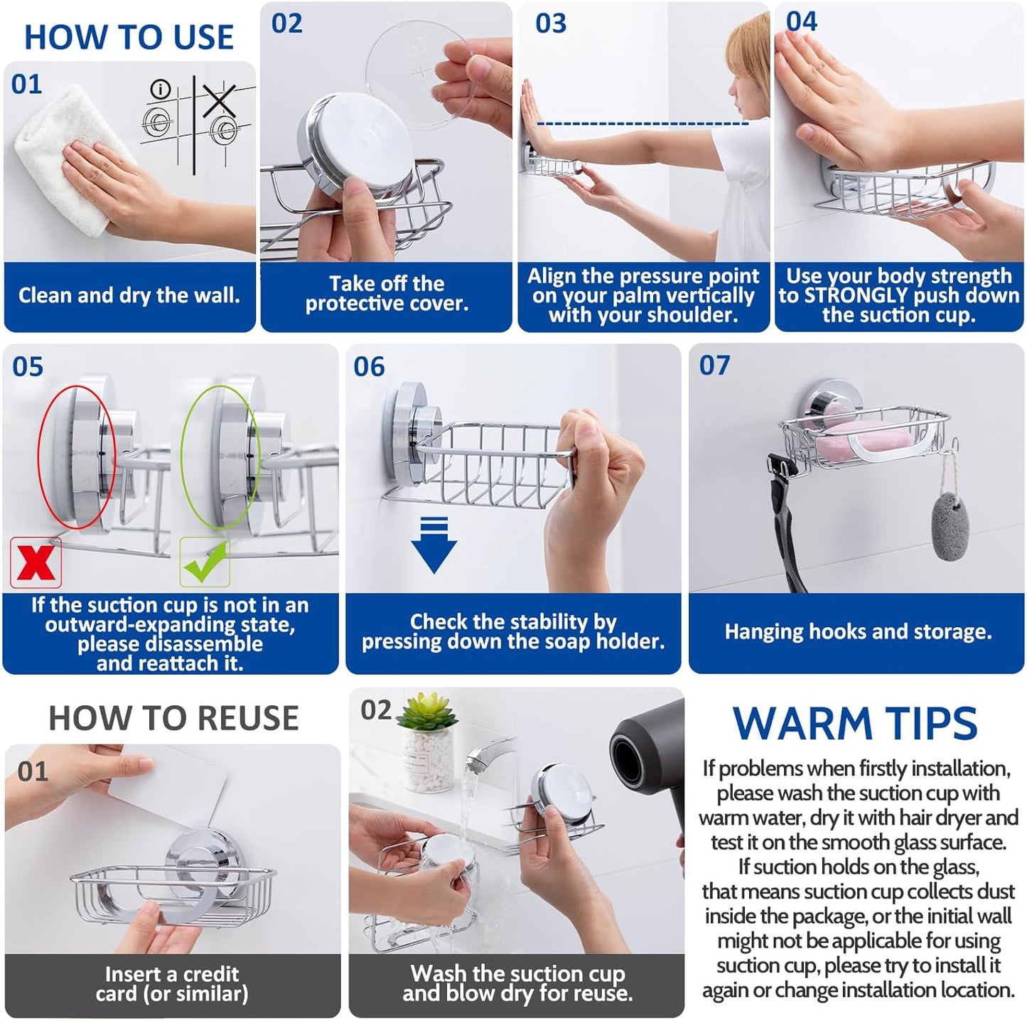 Soap Dish, Soap Bar Holder for Shower Suction Cup with 4 Hooks Wall Mounted, Stainless Steel No-Drilling Removable Waterproof Sponge Holder for Bathroom Bathtub Kitchen Sink, Black