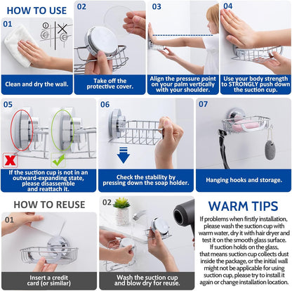 Soap Dish, Soap Bar Holder for Shower Suction Cup with 4 Hooks Wall Mounted, Stainless Steel No-Drilling Removable Waterproof Sponge Holder for Bathroom Bathtub Kitchen Sink, Black