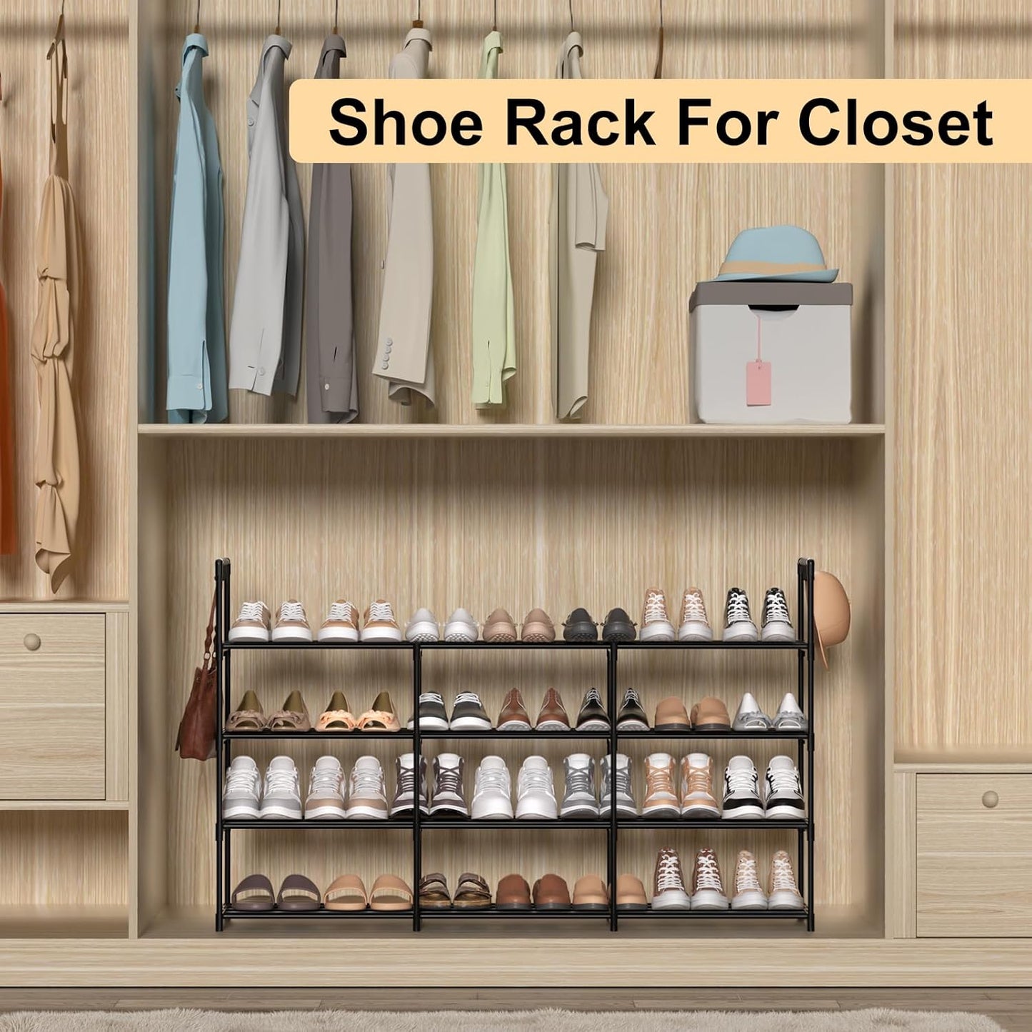 3 Row 4 Tier Long Shoe Rack, Black Metal Stackable Shoe Shelf with Multifunctional Hooks, Shoe Storage Hold 24-30 Pairs, Space Saving Shoe Organizer for Closet,Wide Shoe Rack