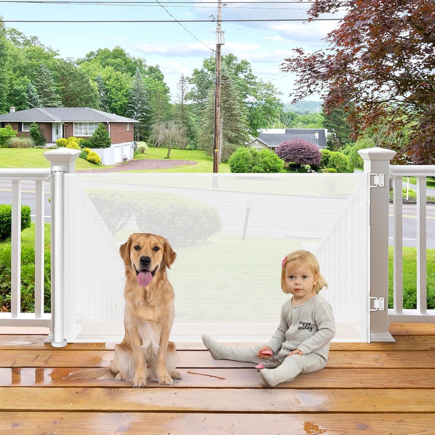 55 Inch Retractable Dog Gate Outdoor Scratch-Resistant Mesh Baby Gate for Stairs Retractable Baby Gates for Doorways Anti-Climb Outdoor Dog Gates for Decks Keep Kid/Pet away from Dangerous Place, Gray