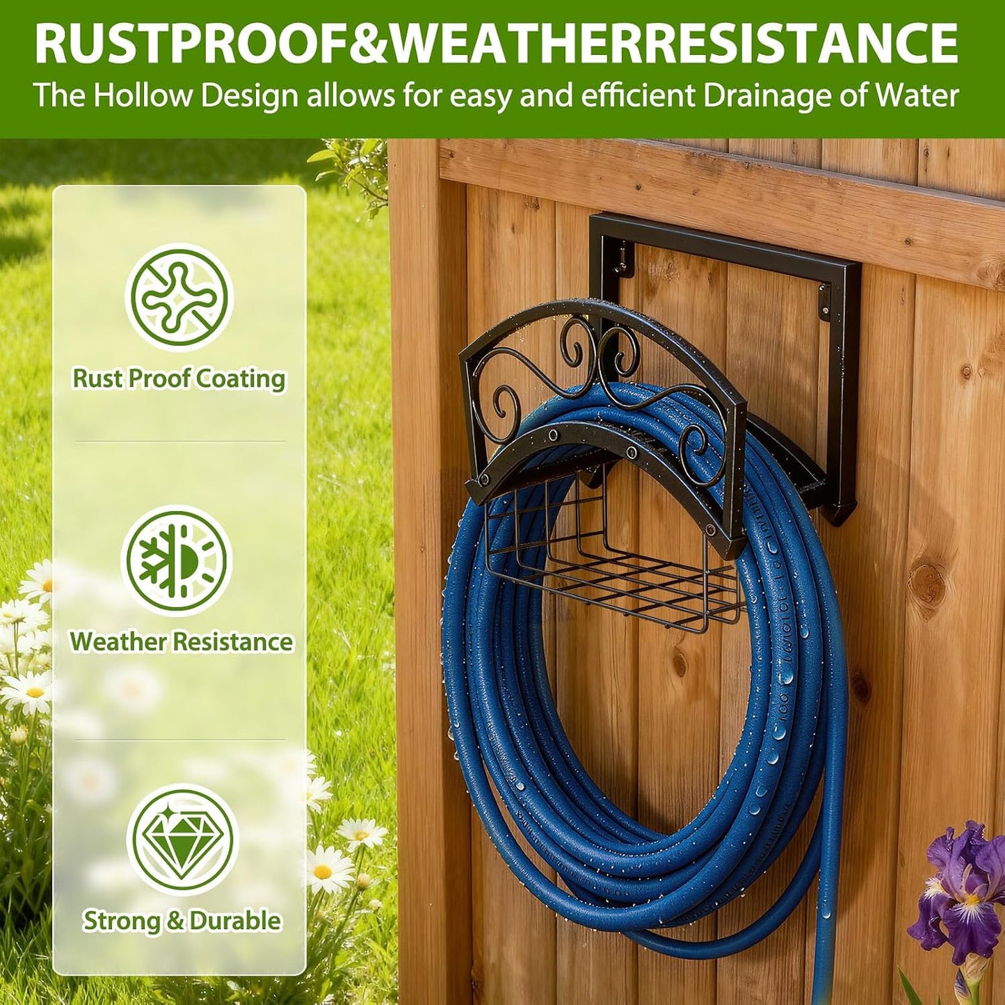 BOLITE Garden Hose Holder Wall Mount, Heavy Duty Metal Water Hose Holder with Basket for Outside, Hose Storage Holds 150FT Water Pipe for Yard, Lawn, Garden, Farm, Gifts for Women Men