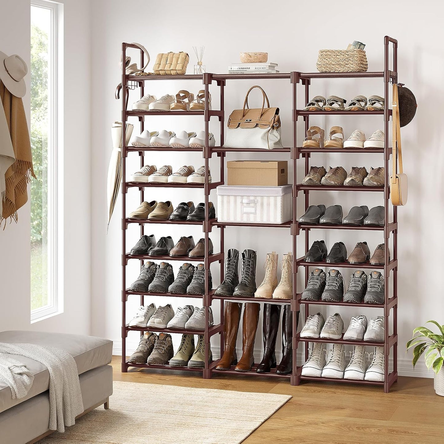 WOWLIVE 9 Tiers Large Shoe Rack Storage Organizer for Closet 50-55 Pairs Shoe Tower Unit Shelf Stackable Shoe Rack with Metal Pipes Plastic Connectors Black(SSS3B9)