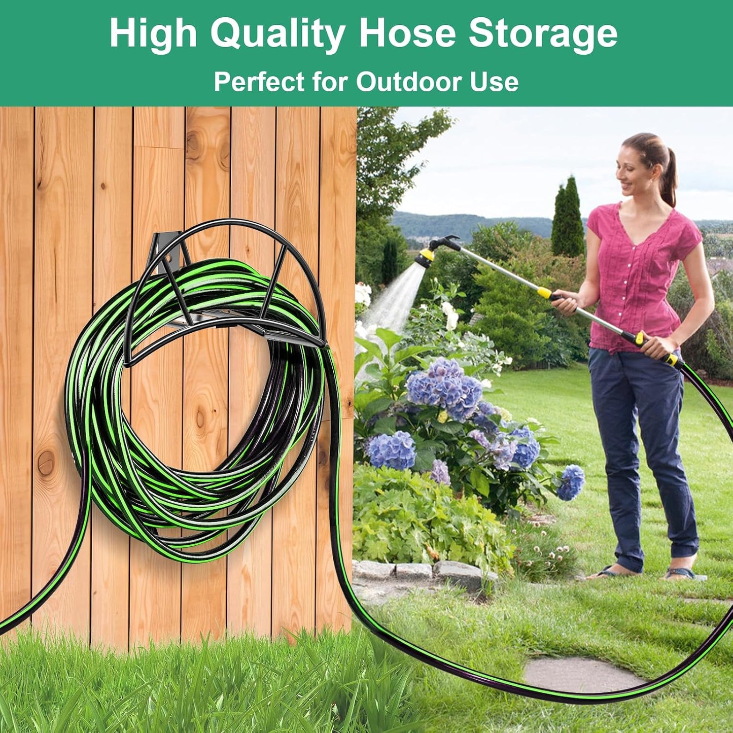 TomCare Garden Hose Holder Wall Mount Metal Water Hose Holder Holds 150Ft Hoses Heavy Duty Hose Hanger Sturdy Hoses Storage Organizer for Outside Yard Garden, Black
