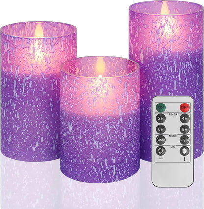 Blue Flameless Candles with Remote, Real Wax Glass Battery Operated Candles with Timer, LED Pillar Candle for Bedroom Home Wedding Birthday Party Fall Halloween Christmas Decorations, Set of 3