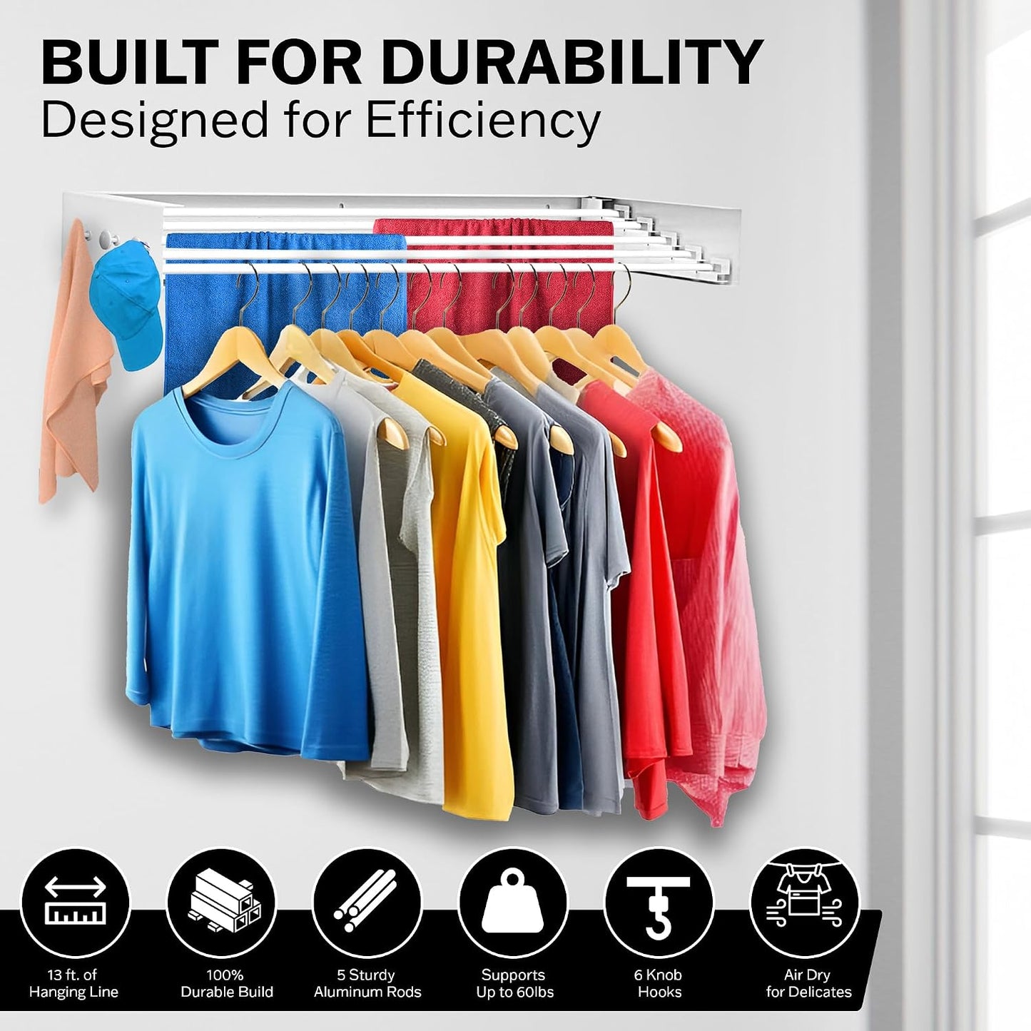 Wall Mounted Drying Racks for Laundry (31.5 Inches Wide) – Retractable Clothes Drying Rack wall Mounted with Carbon Steel Panel 6 Knobs & 5 Aluminium rods, Wall Drying Rack with Screws (Black)