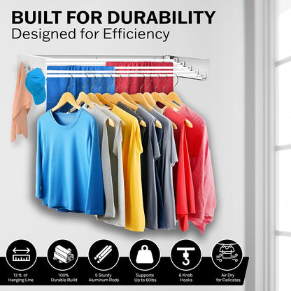 Wall Mounted Drying Racks for Laundry (31.5 Inches Wide) – Retractable Clothes Drying Rack wall Mounted with Carbon Steel Panel 6 Knobs & 5 Aluminium rods, Wall Drying Rack with Screws (Black)