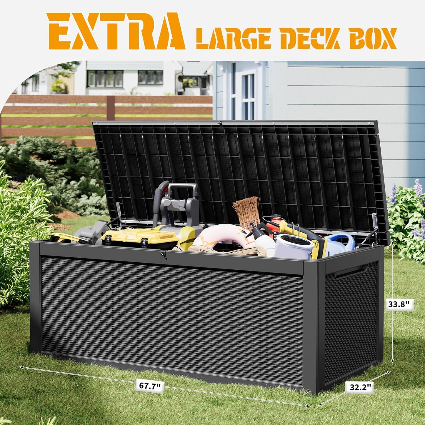 NUNU LAB Outdoor Storage Box, 45 Gallon Outside Deck Box Waterproof, Resin Outdoor Storage Cabinet With Lockable Lid, Backyard Storage Bench For Garden Tools, Patio Cushions, Pool Tools, Black