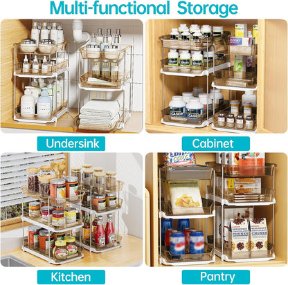 Delamu 2 Sets of 3-Tier Bathroom Under Sink Organizers and Storage, Multi-Purpose Stackable Pantry Organization and Storage, Pull Out Clear Kitchen Bathroom Cabinet Organizer with Movable Dividers | Storage