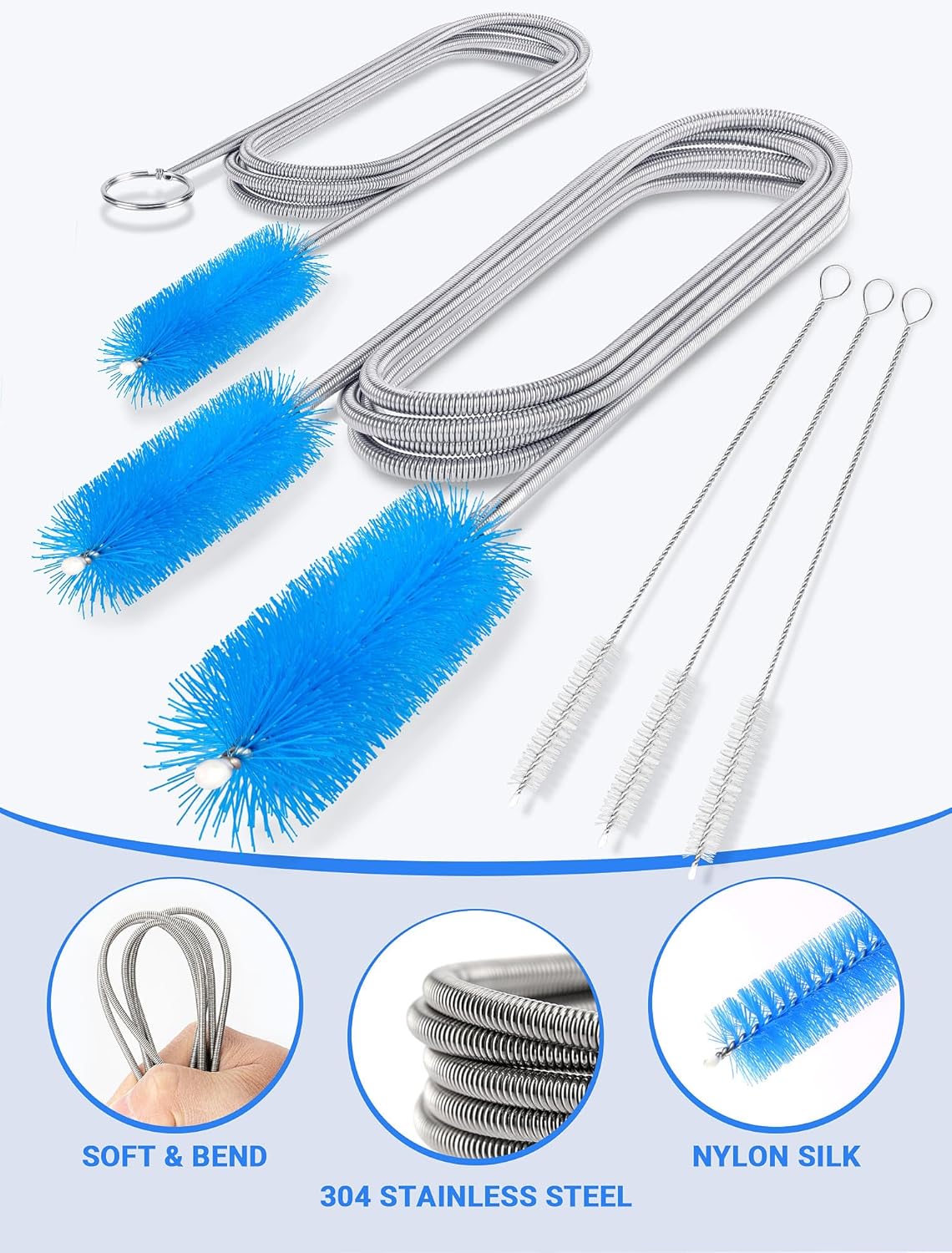 SARDVISA Drain Cleaning Brush, 66 Inch Double Ended Flexible Pipe Tube Cleaner with 3 Straw Brushes, Long Nylon Bristle Brush for Kitchen Sink, Bathroom, Shower Drain, and Pipe Buildup
