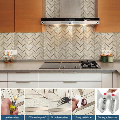 Yipscazo 10-Sheet Herringbone Backsplash Peel and Stick Tile, Polished White PVC Stick on Backsplash for Kitchen, Waterproof Self Adhesive Wall Tile for Bathroom