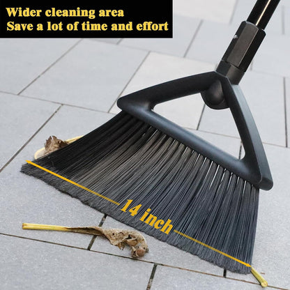 Heavy Duty Broom Outdoor and Indoor, 2 Pack Commercial Angle Brooms with Longer Handle, Perfect Black Broom for Garage, Kitchen, Courtyard, Restaurant