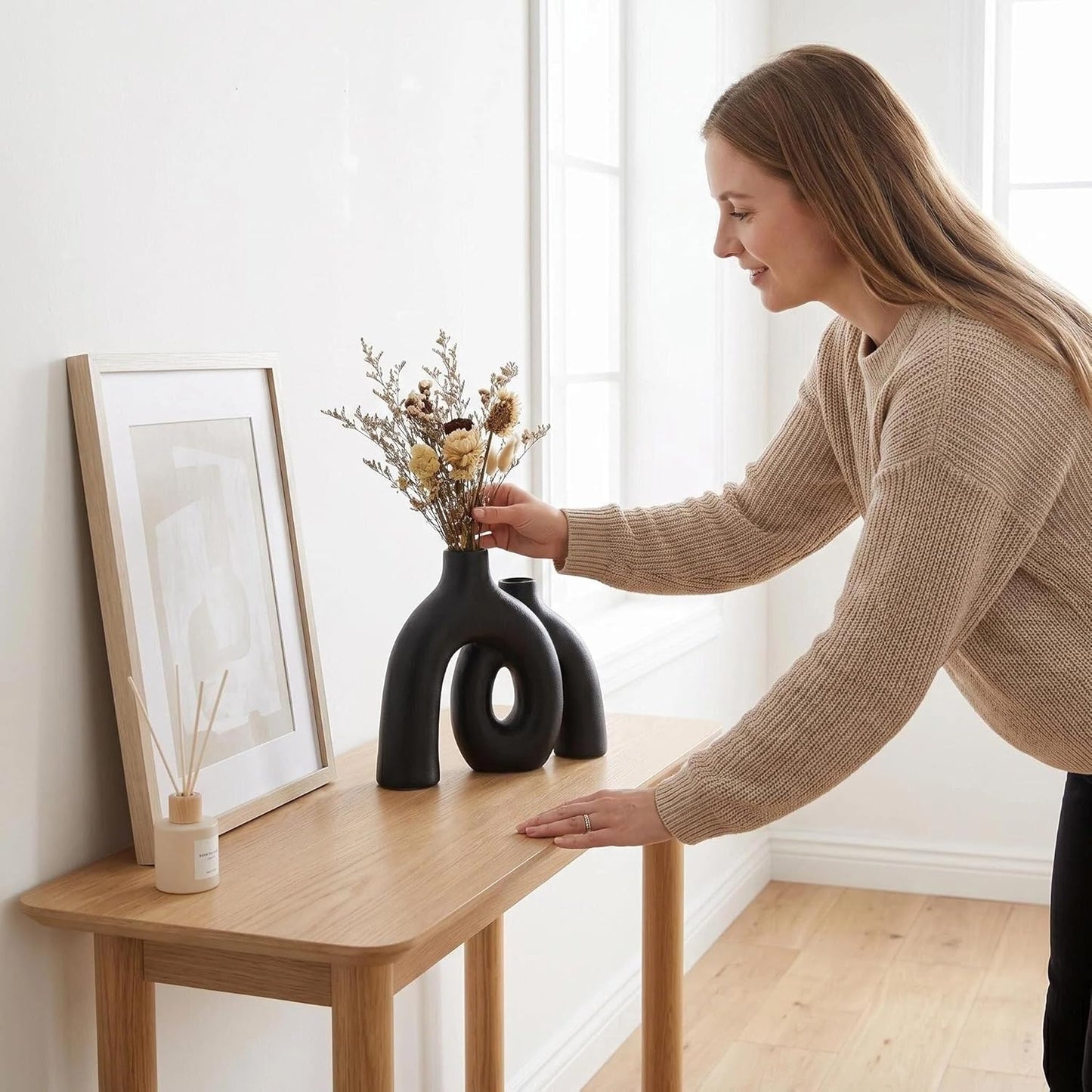 CEMABT Modern Nordic Boho Vase Set - Elegant Beige Matte Ceramic Vase for Living Room, Bookshelf, Mantel, Entryway Table & Console Decor | Home Decor Shelf Decorations Easter Gift