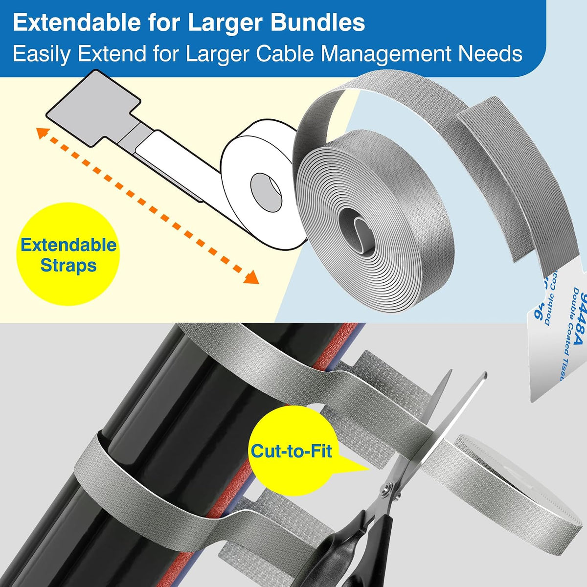 Cable Management Kit – 40 Self-Adhesive Hook & Loop Cable Ties with 2 Extension Straps, Strong Adhesive Cord Organizer for Desk, Wall, Home & Office – Adjustable Wire Holders (Black)
