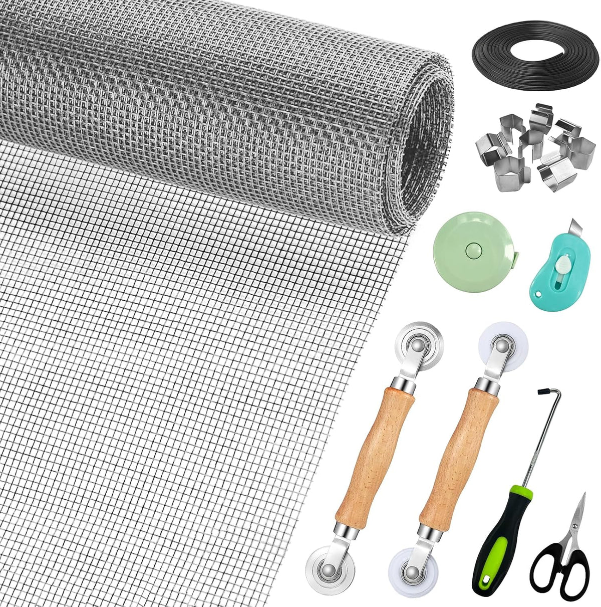 Window Screen Replacement,Screen Door Repair Kit, 48"x178" Black Window Screen Mesh,Including 50 FT Splines+Hooks+2 Rollers+8 Clips+Scissors+Knife+Tape Measure,Fully Equipped Window Screen Repair Kit