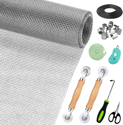 Window Screen Replacement,Screen Door Repair Kit, 48"x178" Black Window Screen Mesh,Including 50 FT Splines+Hooks+2 Rollers+8 Clips+Scissors+Knife+Tape Measure,Fully Equipped Window Screen Repair Kit