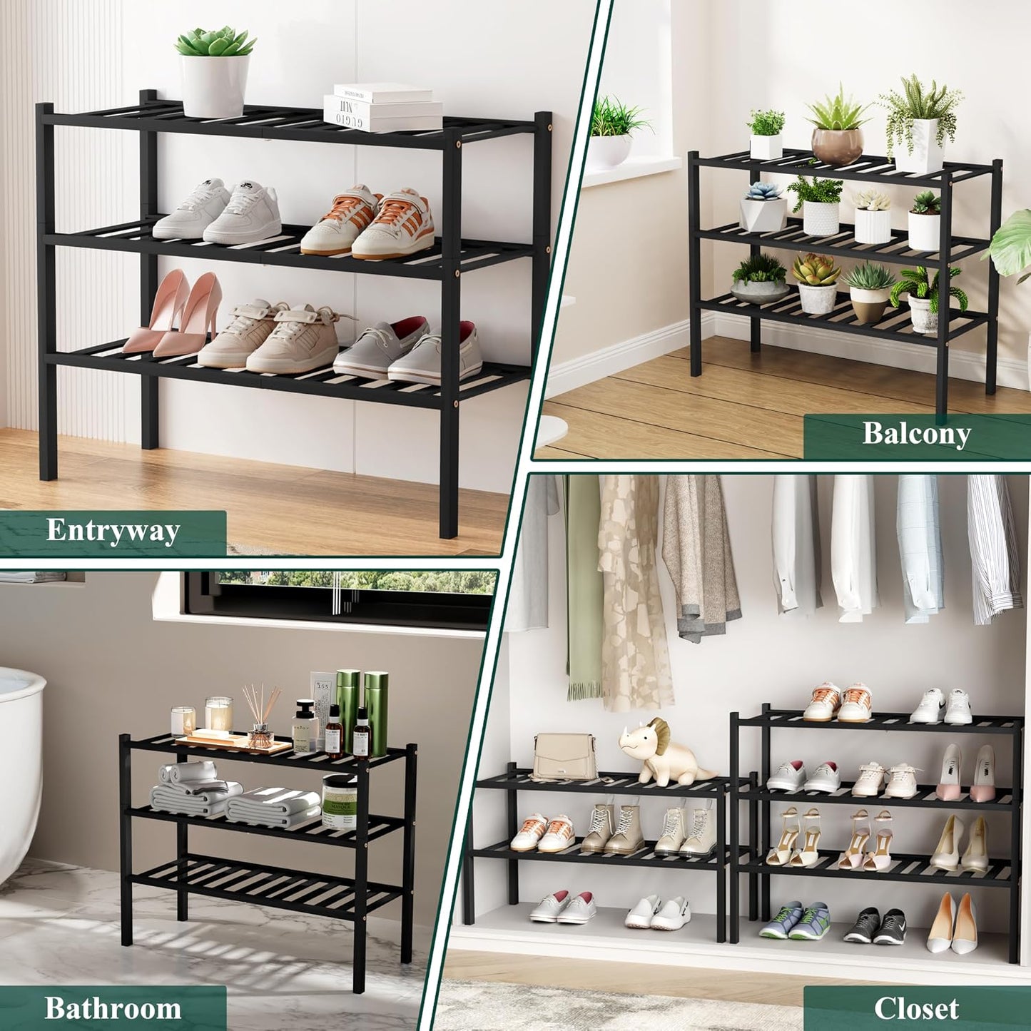 Smiry Bamboo Shoe Rack, 3 Tier Free Standing Wooden Shoe Organizer, Stackable Wood Shoe Storage Shelf for Closet, Entryway, 12 Vertical Slats, 2+1 Stack Standard Legs, 26.8"x11"x19.5", Natural