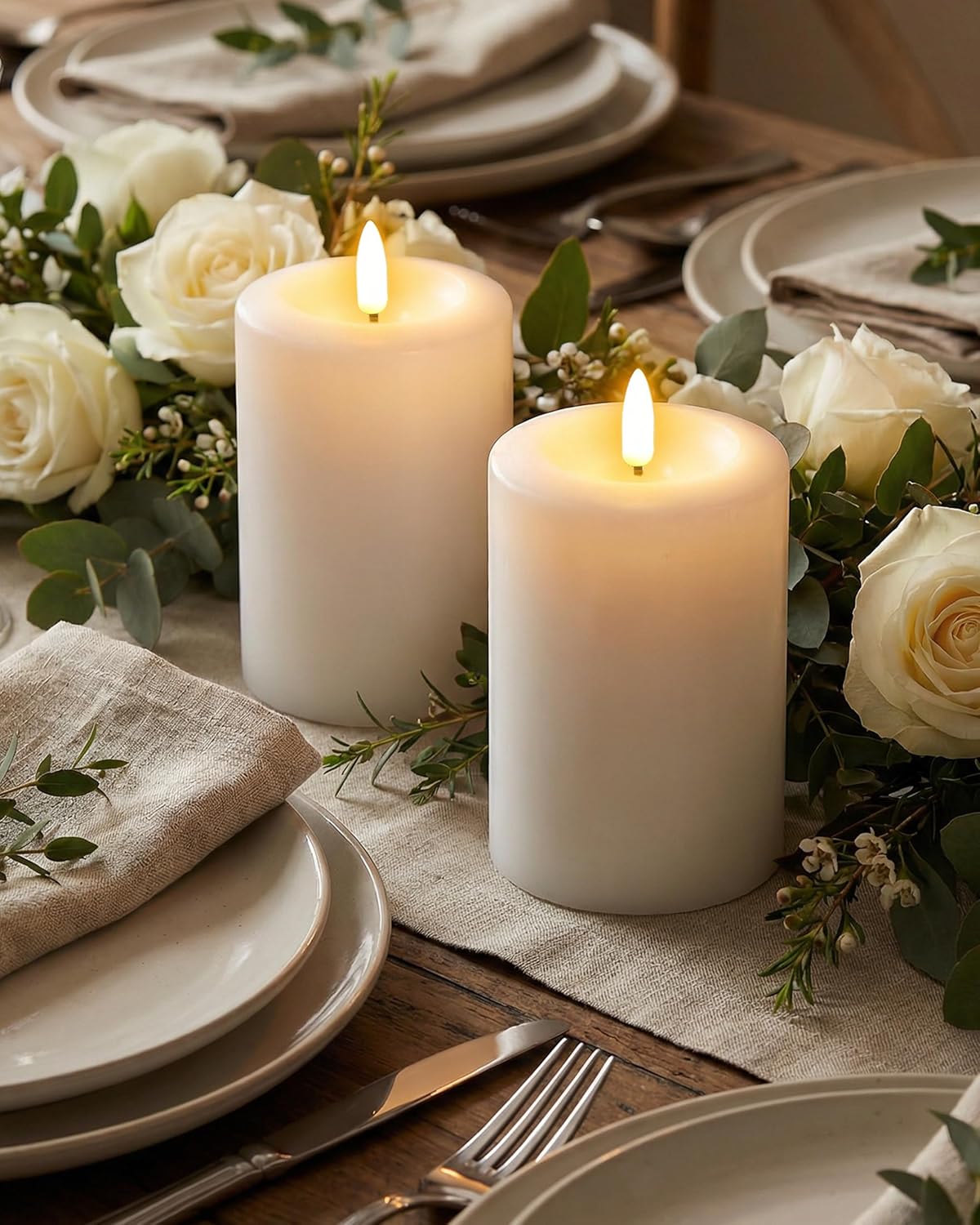Gmnee 3"x4" Flickering Flameless Candles with Remote Timer, Real Wax, Ivory Pillar Candles, Set of 3 Fake LED Battery Operated Candles for Home, Fireplace, Centerpiece, Rustic and Farmhouse Decor