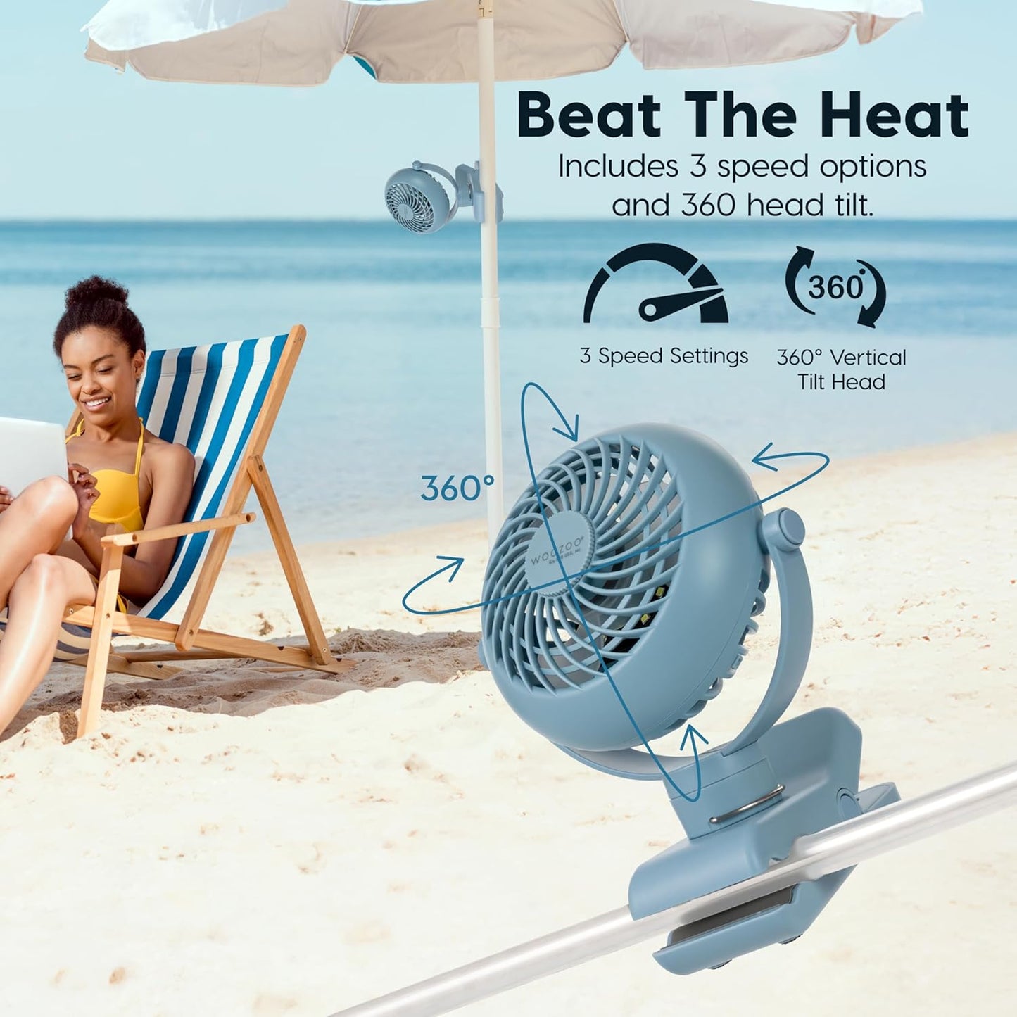 IRIS USA WOOZOO 3.5" Cordless Portable Clip On Fan, USB-C Rechargeable Fan, LED Light, Mosquito Repellent Tray, 360° Tilt, 3 Speeds,Bedside Kitchen Camping Golfing Outdoor Use, Black