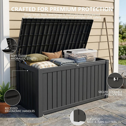 Outdoor Storage Box, 320 Gallon Waterproof Deck Box [Upgraded 3.0], Dual Gas-Spring Ultimate Resin Organizer for King Cushions, Heavy-Duty Lockable Estate Storage Bench, Backyard BBQ, Black