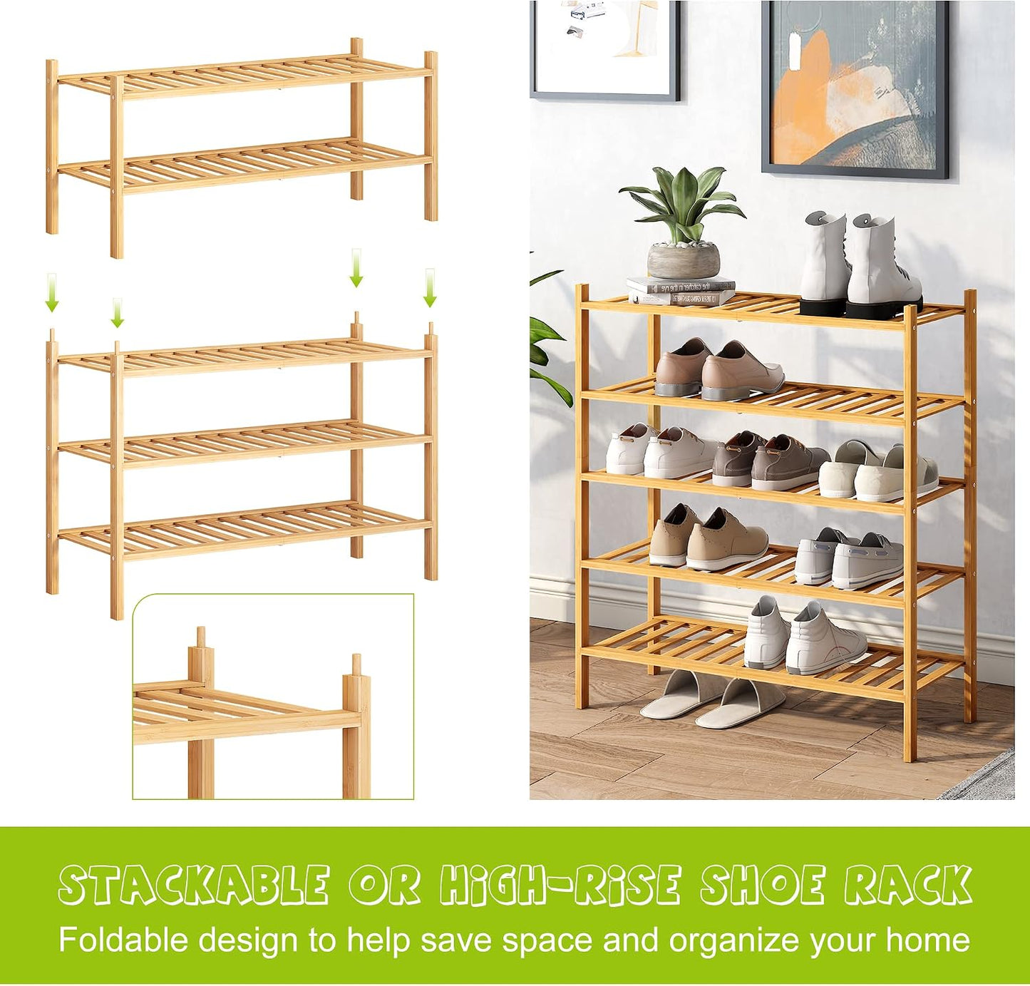 BMOSU 2-Tier Bamboo Small Shoe Rack Premium Stackable Shoe Shelf Storage Organizer for Hallway Closet Living Room Entryway Organizer (Black Bamboo)
