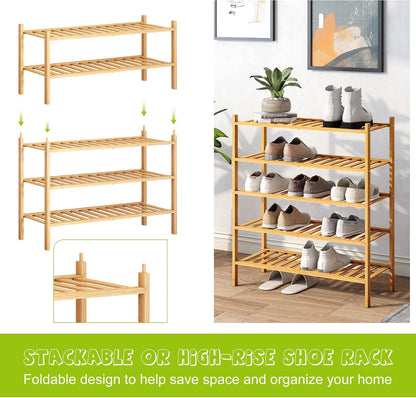 BMOSU 2-Tier Bamboo Small Shoe Rack Premium Stackable Shoe Shelf Storage Organizer for Hallway Closet Living Room Entryway Organizer (Black Bamboo)