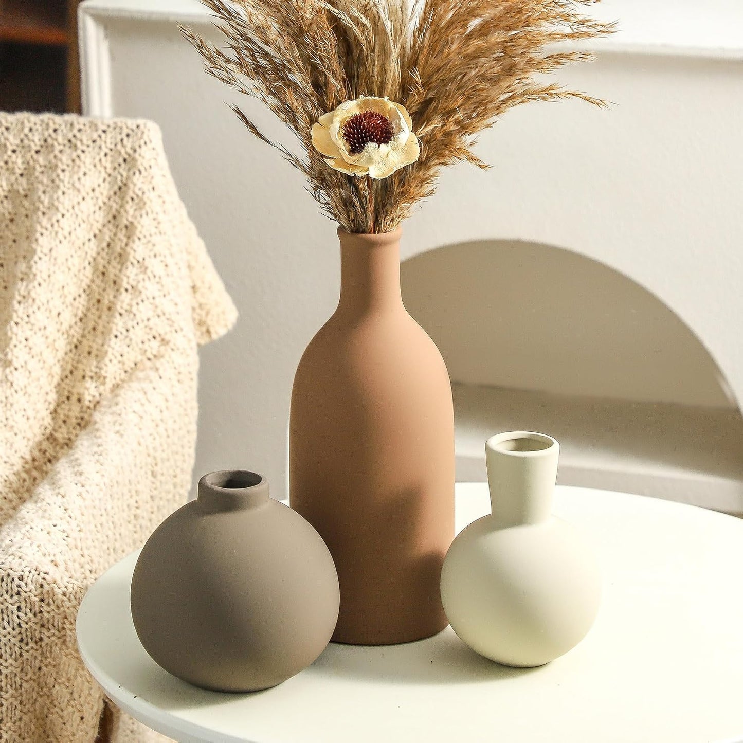 Ceramic Vase Set of 3, Decorative Vases Home Decor Modern Neutral Flower Pampass Boho Vase for Living Room, Table, Mantel, Entryway, Bookshelf, Kitchen, Bedroom, Bathroom - White