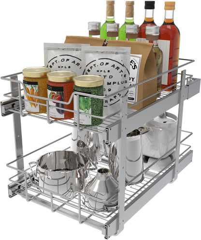2 Tier Pull Out Cabinet Organizer 11" W X 22" D, Slide Out Drawers For Kitchen Cabinets, Pull Out Drawers For Cabinets Capacity Heavy Duty Caddy, Cabinet Pullout Shelves Chrome-Plated, Bathroom Pantry