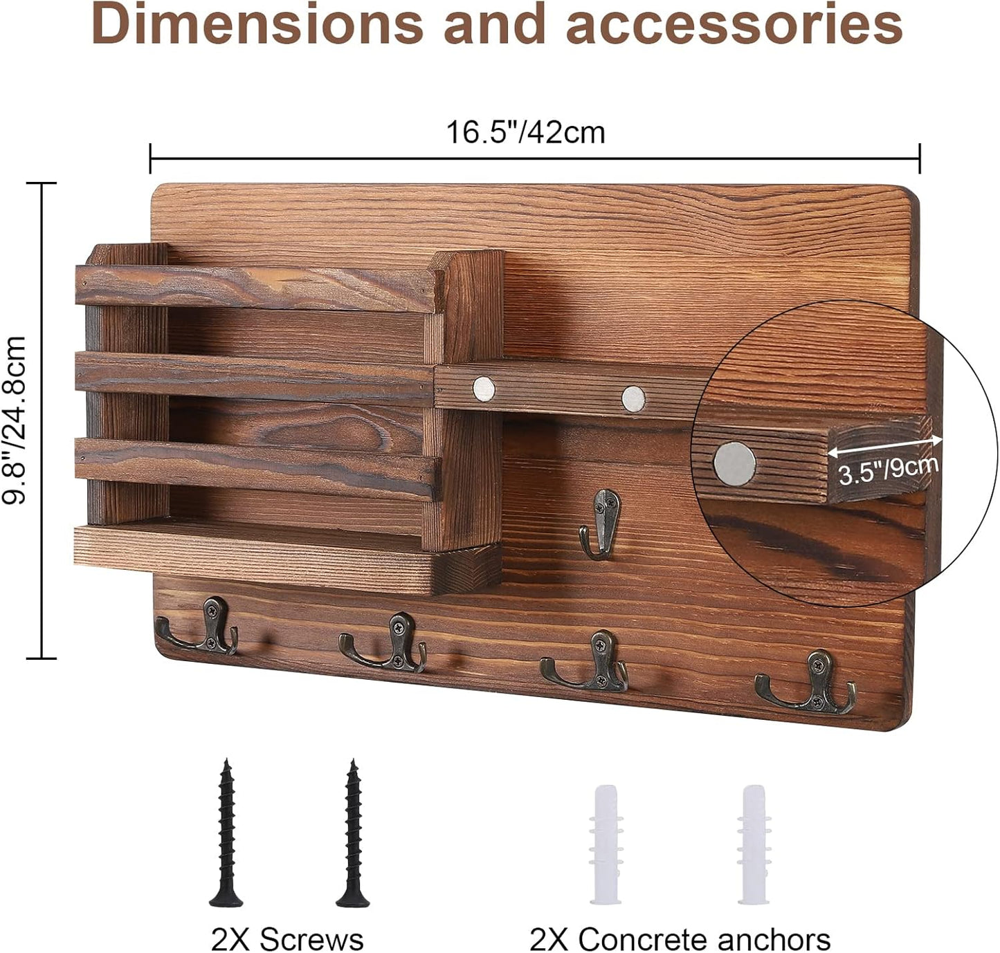 Decorative Key Hanging Rack with 10 Hooks – Easy Install Natural Wooden Key and Mail Holder for Wall Mount – Entryway Decor Rack with Shelf (Black)