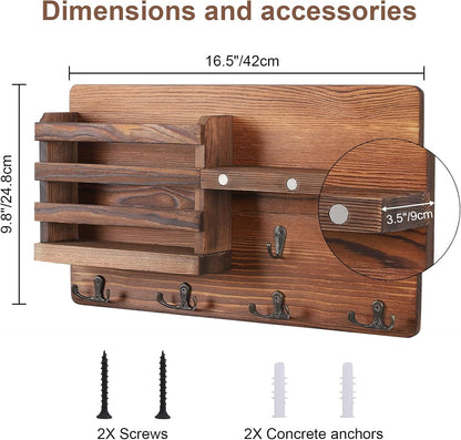 Decorative Key Hanging Rack with 10 Hooks – Easy Install Natural Wooden Key and Mail Holder for Wall Mount – Entryway Decor Rack with Shelf (Black)