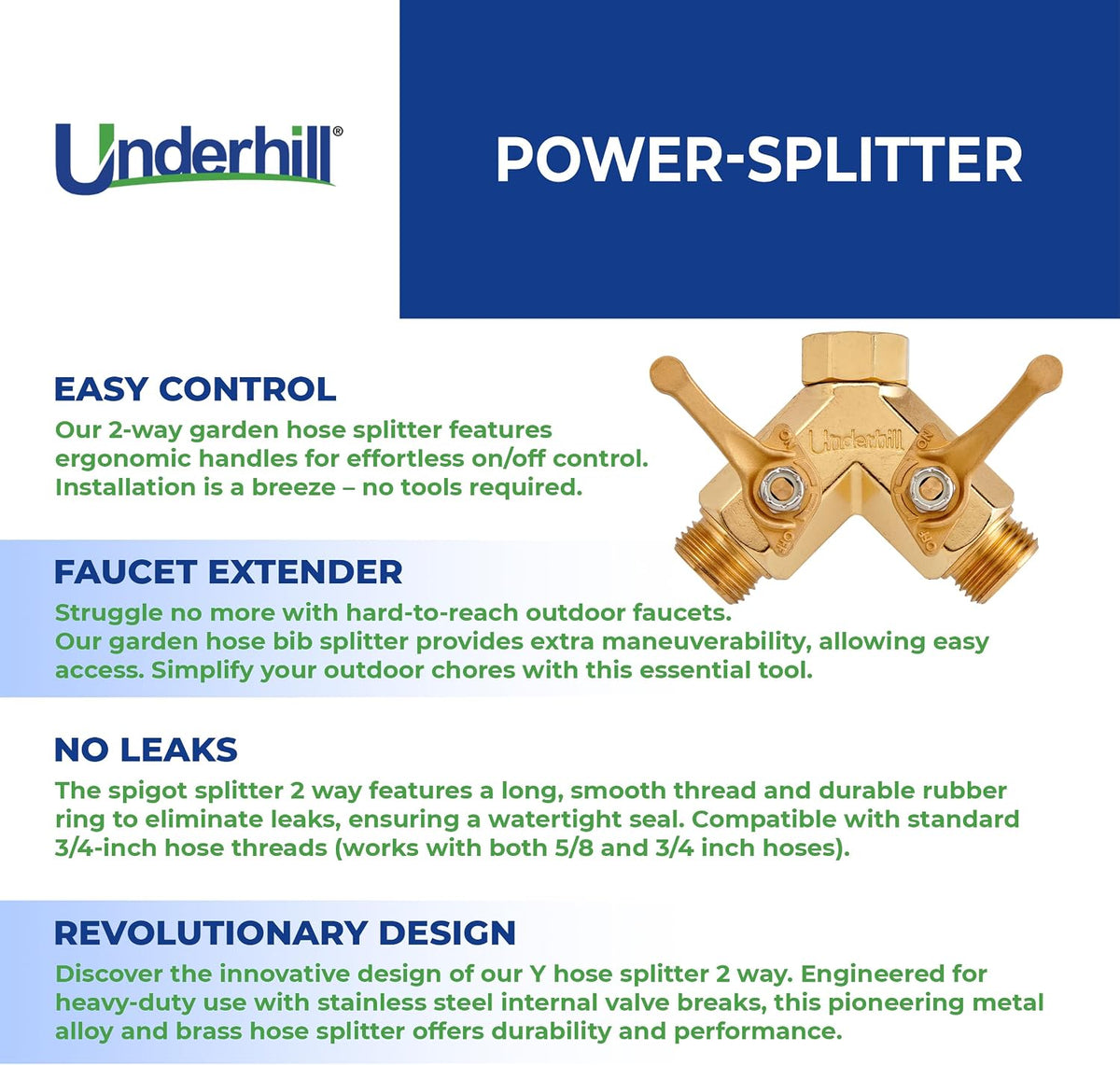 Underhill Garden Y Hose Splitter 2 Way, Heavy Duty Bib Faucet Spigot Connector with Water Shut Off Valves, Metal, 30 GPM, 3/4-Inch Thread, A-HB2HF