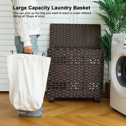 OIAHOMY Laundry Hamper with Lid, 140L Clothes Hamper with 3 Removable Liner Bags, Foldable Basket with Lid, Synthetic Wicker Laundry Basket for Bedroom, 27x 13 x 26 Inches, Yellow