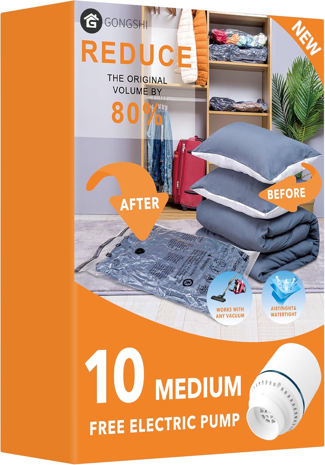 GONGSHI Vacuum Seal Bags for Clothing Travel & Home Storage, Travel Vacuum Bags with Pump,Space Saver for Blankets, Comforters, Pillows, Clothes,24 Combo with Electric Pump