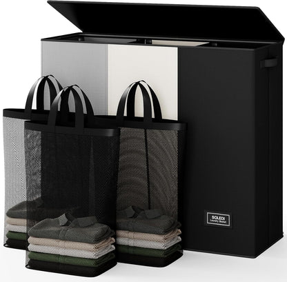 SOLEDI 180L Laundry Hamper 3 Section, Extra Large Laundry Hamper with Lid, Dirty Clothes Hamper with Sturdy Handle, Large Laundry Basket Organizer for Laundry Room, Bedroom, Hampers for Laundry