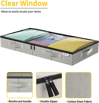 4.5 Inches Under Bed Storage Containers with Sturdy Sidewalls/Bottom and Reinforced Handles，Low Profile Underbed Storage for Clothes,Shoes,Pillows and Blankets with Zips and Clear Windows,4 Pack