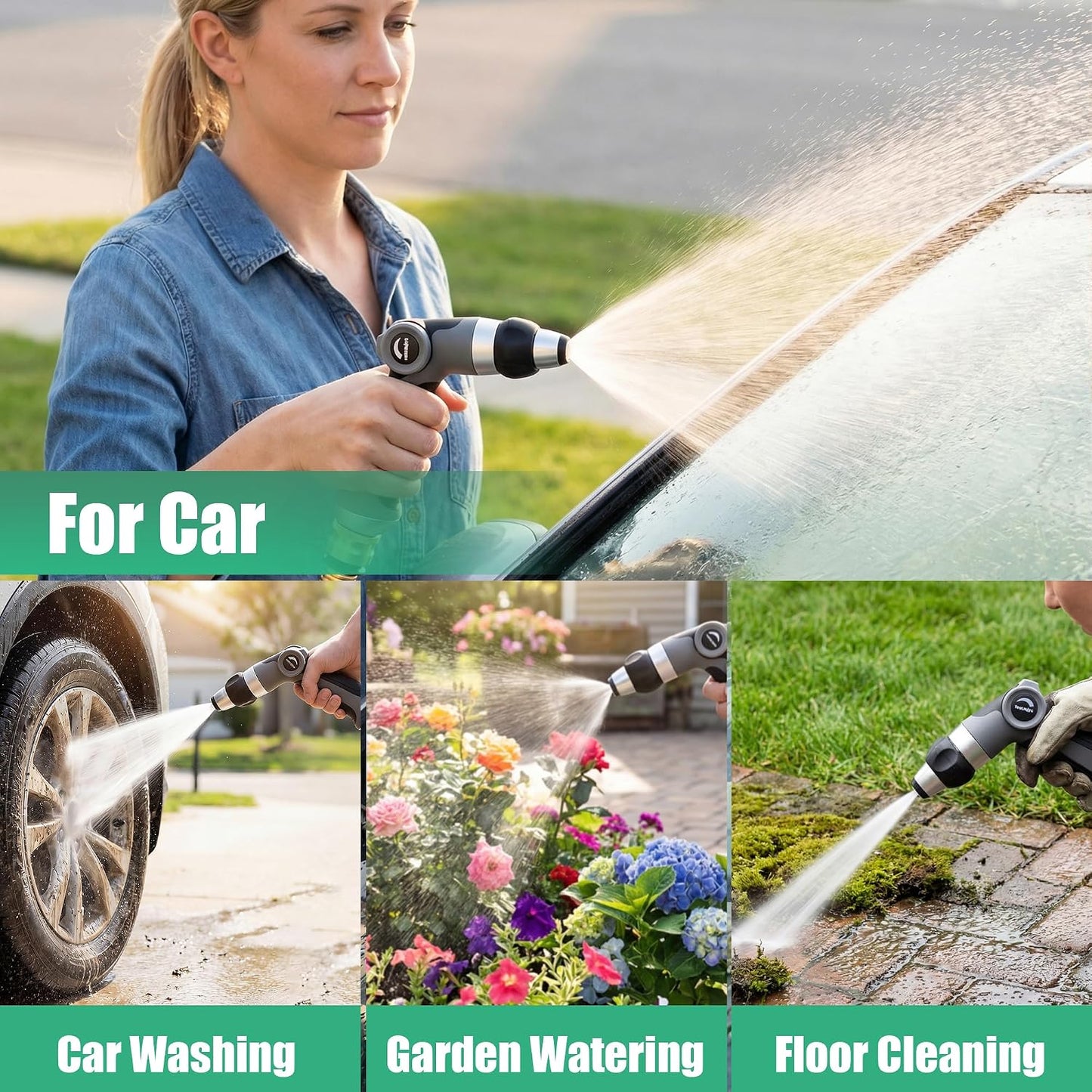 Garden Hose Nozzle - Heavy Duty Water Hose Sprayer with 8 Spray Patterns, Dia 90mm Thumb Control On/Off Valve, Durable Zinc Alloy Body for Lawn, Car & Pet Cleaning