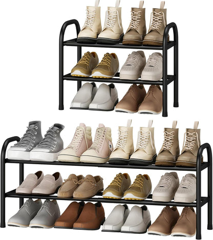 STO STO Expandable Shoe Rack, 3-Tier Metal Small Shoe Rack for Closet, Up to 16 Pairs Adjustable Shoes Racks Storage for Front Door Entrance, Free Standing Shoes Rack Organizer for Entryway, Black