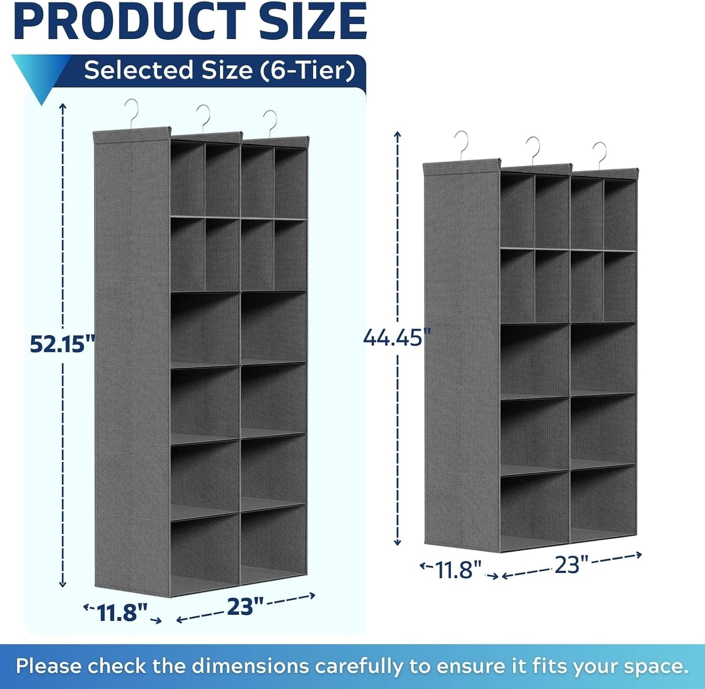 Ofiray-home 6 Tier Hanging Closet Organizer, 16 Compartments Sweater Organizer for Closet with 3 Sturdy Hooks, Closet Organizers and Storage, Wardrobe, Rv, Garment Rack, Grey