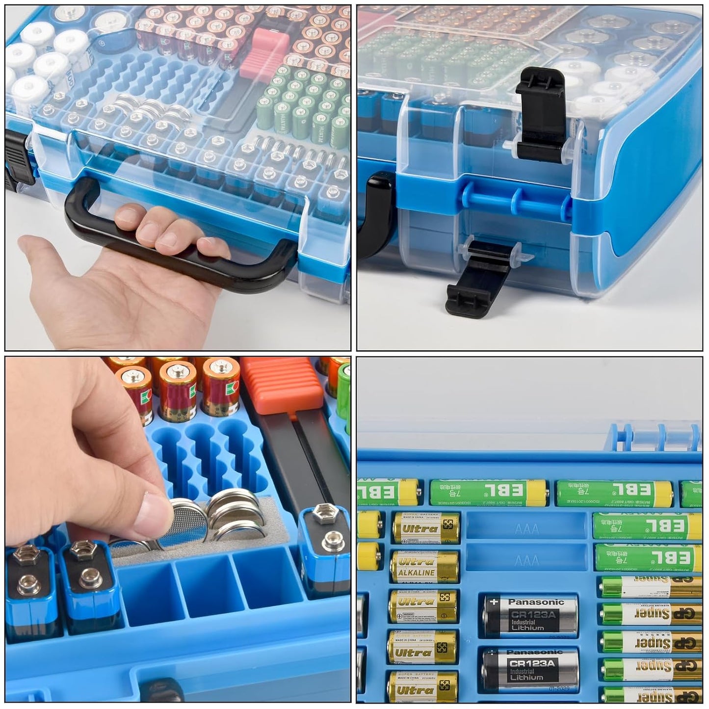 FULLCASE Double-Sided Battery Storage Organizer Case with BT-168 Tester, Holds 269, Fits AA AAA AAAA C D 9V 18650 CR123A CR2 23A 4LR44 and Coin Cells, Water-Resistant, Portable Handle - Deep Blue