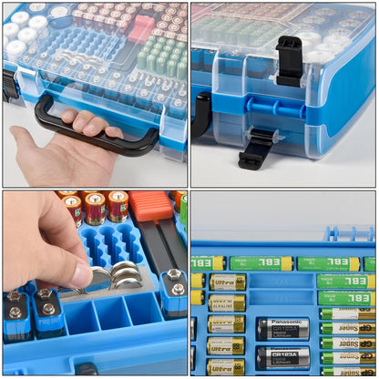 FULLCASE Double-Sided Battery Storage Organizer Case with BT-168 Tester, Holds 269, Fits AA AAA AAAA C D 9V 18650 CR123A CR2 23A 4LR44 and Coin Cells, Water-Resistant, Portable Handle - Deep Blue