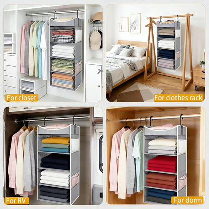 4-Shelf Hanging Closet Organizer and Storage with 4 Side Pockets, Collapsible Closet Hanging Shelves for Storage, Grey