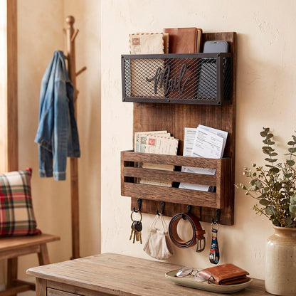Yalikop Farmhouse Mail Organizer Wall Mounted Rustic Mail Holder Hanging Key Sorter with 3 Hooks Indoor Wooden Wall Mounted, Letter, Magazines, Newspapers, Keys(Classics,Brown)