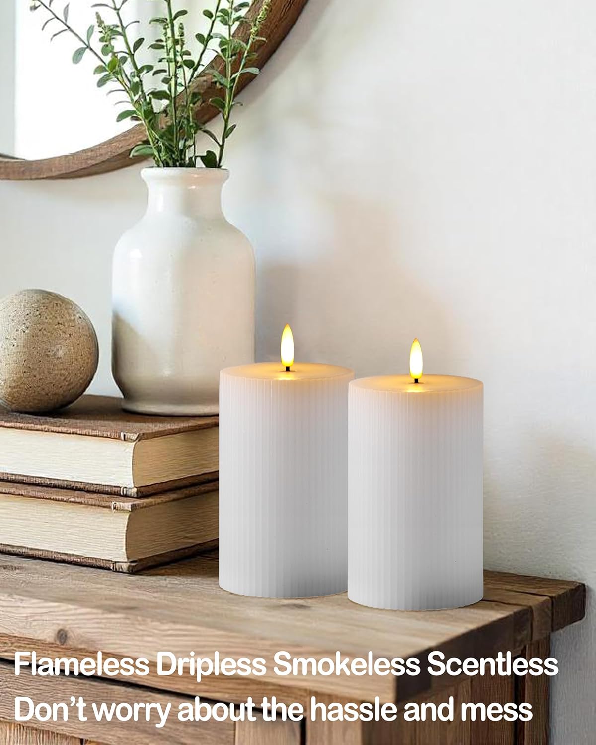 Gmnee 3"x4" White Ribbed Flameless Candles - Remote Control & Timer, Set of 3 Large Real Wax Pillar Flickering Battery LED Candles for Table, Fireplace and Mantel Decor